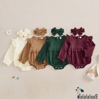 La-baby Girl 2 Bộ Trang Phục Mùa Thu Tay Dài Màu Trơn Ruffle Romper Có Băng Đô Bộ Quần Áo Trẻ Sơ Sinh