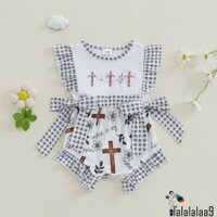 La-baby Girl Áo liền quần mùa hè Ruffle Không tay thêu chữ thập Smocking Body Bộ đồ chơi sơ sinh