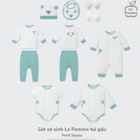 La pomme - Set sơ sinh La pomme tai gấu Bộ cài thẳng, cúc lệch, body, chip, mũ, yếm, bao tay chân - Xanh SS2024.2