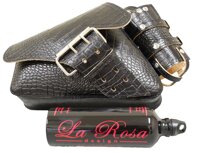 La Rosa Design 04-UP H- D Sportster/Nightster/883 Iron/XL1200 Left Side Saddle Bag/Swingarm Bag with Fuel Bottle Black Alligator Leather White Thread