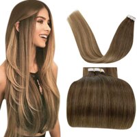 LaaVoo Tape in Hair Extensions Brown Human Hair Double Side Tape in Extensions Natural Balayage Light Brown to Caramel Brown with Blonde Straight R...