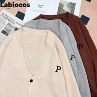 Labiocos Áo len nam  xu hướng cổ điển Mỹ lười biếng dáng rộng dài vừa phải màu xám áo khoác cardigan
