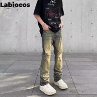 Labiocos Mỹ Retro Cleanfit Đau Khổ Bùn Vàng Nhuộm Rách Quần Jean Nam Đường Phố Cao Cấp Phong Cách Vibe Quần Ống Thẳng
