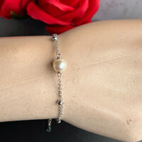 Lắc tay bạc đôi khắc S925 xi bạch kim đẹp như vàng chủ ngoc trai biển akoya ánh hồng bóng đẹp 8 li tùy nhẹ 18 + 3cm Nhật