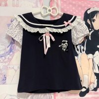 Lace Doll Collar Japanese Style Soft Girl Cute Top T Short Sleeve Lace Puff Sleeve Short Polka Dot Summer Cute