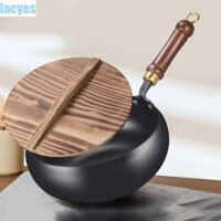 Lacyes Chảo nấu ăn Trung Quốc, Chảo rán sắt không tráng chống dính, Tay cầm bằng gỗ sốt 24cm Nồi súp bụng lớn cho nhà hàng
