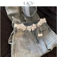 [Lacy]Quần jean nữ bò mềm đính đá cạp phối ren phối túi xẻ sau mẫu mới QC, Quần bò nữ ống suông lưng cao