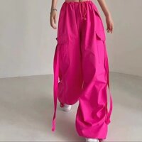 Ladies pants ribbon low-eo loose multi-pocket elastic tight overalls