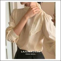 [LAJUN SIGNATURE] Áo Blouse Tie Hàn Quốc, Áo kiểu nữ tay dài phồng cổ đứng buộc dây chéo thanh lịch
