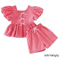 Lalalaak-baby Bé Gái Tập Đi Kẻ Sọc Trang Phục Buộc Trước Tay Phồng Babydoll Áo Co Giãn Eo Quần Short 2 Chiếc Bộ Mùa Hè