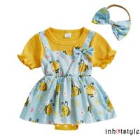 Lalalaak-baby Girl Trang Phục Mùa Hè Tay Ngắn Cổ Tròn Chắp Vá Áo Liền Quần Có Băng Đô Bộ Quần Áo Sơ Sinh