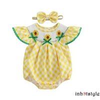 Lalalaak-baby Girls Rompers Kẻ Sọc Hoa Hướng Dương Thêu Bay Tay Áo Liền Quần Áo Mùa Hè Body Có Băng Đô