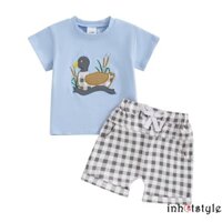 Lalalaak-baby Tập Đi Bé Trai Vịt Trang Phục Động Vật Thêu Áo Thun Tay Ngắn Kẻ Sọc Co Giãn Eo Quần Short 2 Chiếc Bộ