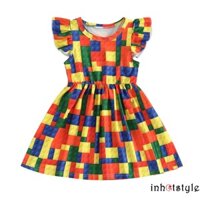 Lalalaak-girl Khối Xây Dựng In Đầm Bay Tay Chữ A Đầm Công Chúa Thường Ngày Dạo Phố Mùa Hè