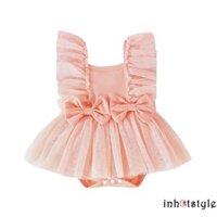 Lalalaak-infant Bé Gái Áo Liền Quần Tulle Đầm Chấm In Tay Bay Cổ Vuông Nơ Jumpsuit