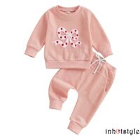 Lalalaak-kid Bé Gái Bộ Quần Dài Tay Thêu Nơ Áo Khoác Có Mồ Hôi Quần Áo Ngày Lễ Tình Nhân