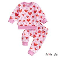 Lalalaak-toddler Girl Trang phục ngày lễ tình nhân Áo nỉ dài tay in hình trái tim có dây thun Quần 2 chiếc