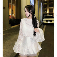 LALASTUDIO• Áo ren hoa cổ tròn đính lông tay kèm chân váy xếp ly taffta có quần bảo hộ phong cách tiểu thư ( hàng L1)