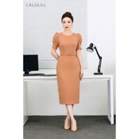 LALULILL Đầm liền nữ công sở dáng đứng cổ tròn tay bồng lụa đũi - LDL243400