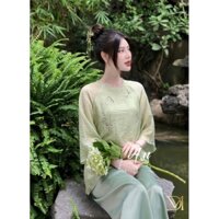 Lam áo voan tay lỡ quần lụa in hoa nhí, cổ tròn bính siêu đẹp, size 45-60kg