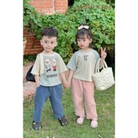 Lamiu Kids - Áo thun  tay ráp lăng in hình gấu cho bé trai và bé gái , vải thun tổ ong thông hơi có 8 size 1-8 (11-40kg)