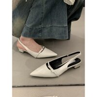 [Lamode] Phiên bản Hàn Quốc Giày sandal cao gót màu bạc mũi cao vừa Giày cổ tích 2025 Phong cách mới xuân hè nơ có váy