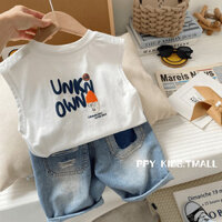 Lan ~ 100% Cotton Bé Trai Hoạt Hình Áo Thun Không Tay Phong Cách Hồng Kông Retro Áo Vest Nam Rời