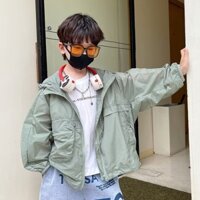 Lan ~ [Áo khoác bé trai] Mùa hè Phong cách mới Quần áo chống nắng cho bé trai Áo khoác Cardigan có mũ trùm đầu Áo khoác mỏng Bảo vệ tia cực tím Quần áo chống nắng Trẻ em cỡ trung bình