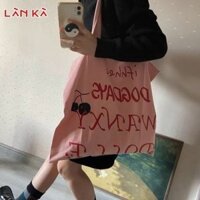 Lan KA Phong cách lười biếng in chữ màu hồng túi đeo vai nữ sinh viên dung tích lớn đa năng lớp đi lại túi vải di động