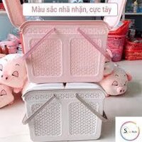 Làn nhựa đựng đồ đi sinh, giỏ đựng quần áo có nắp mây quai xách Việt Nhật cho mẹ và bé màu