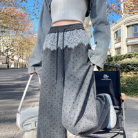 Lan ~ Phong Cách lười biếng Ren Khâu Chấm Bi Quần Ống Rộng Nữ Mùa Xuân Phong Cách Mới Co Giãn Eo Drape Thường Ngày Quần Rời