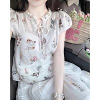 Lãng Mạn Trà Nghỉ Thích Hợp Xếp Ly Phù Hợp Với Nữ Tay Phồng Ren-Up Top Mùa Hè Retro Cao Cấp Váy Hai Mảnh Phù Hợp Với