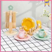 Lang thang| Trẻ em Phụ kiện nhà bếp bằng gỗ Trẻ em Bộ đồ chơi nấu ăn và ăn Bộ đồ chơi nhà bếp bằng gỗ cho trẻ em Giả vờ chơi Nhà đồ ăn Bộ đồ chơi cho bé trai và bé gái Cốc đĩa