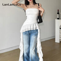 Lanlanlo Nữ 2024 Màu Trơn Slim Thời Trang Đường Phố Không Tay Pennant Xù Gợi Cảm Thường Ngày Tất Cả Trận Đấu Ống Top
