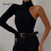 Lanlanlolo Bộ Áo Liền Quần Dài Tay Trễ Vai Cổ Cao Màu Trơn Thời Trang Gợi Cảm Cho Nữ
