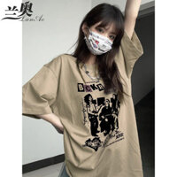 Lano American Retro Kaki Áo thun ngắn tay nữ dáng rộng oversize Cotton nguyên chất Nửa tay Cặp đôi Top Hợp thời trang 3.11 yn