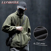 Lansboter Áo khoác lông cừu nam mùa thu đông dày cổ áo có khóa kéo thể thao rộng rãi