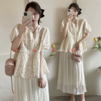 [LanuShop] Áo babydoll tay phồng Chất hoa thêu Cao cấp, Chân váy tơ dáng dài 2 lớp Có bán lẻ