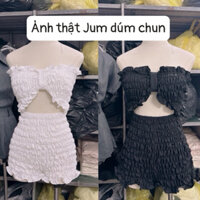 [LanuShop] Áo liền quần Dúm chun bèo hở bụng Kèm Đệm ngực, Áo cúp nơ liền quần sooc Quyến rũ Ảnh thật ạ