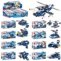 Lắp ráp xếp hình non Lego City Cảnh ven biển 8 in 1 Trực Thăng Tàu CHiến Cano Xe Tăng Tàu Hải Cảnh Máy ủi Xe Tuần Tra