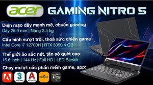 Laptop Acer Gaming Nitro 5 Tiger AN515-58-769J NH.QFHSV.003 - Intel Core i7-12700H, 8GB RAM, SSD 512GB, Nvidia GeForce RTX 3050 4GB GDDR6, 15.6 inch