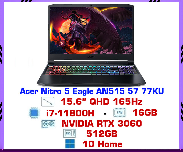Laptop Acer Nitro 5 AN515-57-77KU NH.QDGSV.001 - Intel Core i7-11800H, 16Gb RAM, SSD 512GB, Nvidia GeForce RTX 3060 6GB GDDR6, 15.6 inch