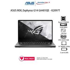 Laptop Asus ROG Zephyrus G14 GA401QE-K2097T - AMD Ryzen 9 5900HS, 16Gb RAM, SSD 1TB, Nvidia GeForce GTX 3050Ti 4GB GDDR6, 14 inch