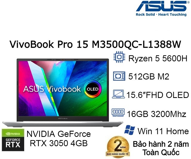 Laptop Asus Vivobook Pro 15 OLED M3500QC-L1388W - AMD Ryzen 5 5600H, 16GB RAM, SSD 512GB, Nvidia GeForce RTX 3050 VRAM 4GB GDDR6, 15.6 inch