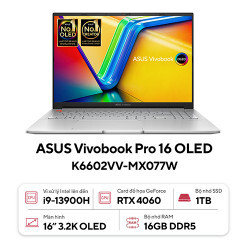 Laptop Asus Vivobook Pro 16 OLED K6602VV-MX077W - Intel Core i9-13900H, 16GB RAM, SSD 1TB, Nvidia GeForce RTX 4060 8GB GDDR6 + Intel Iris Xe Graphics, 16 inch