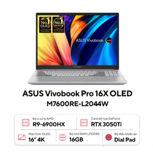 Laptop Asus Vivobook Pro 16X Oled M7600RE-L2044W - AMD Ryzen 9 6900HX, 16GB RAM, SSD 512GB, Nvidia GeForce RTX 3050Ti 4GB GDDR6, 16 inch