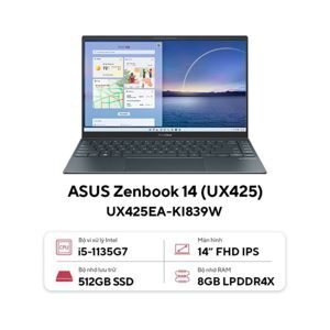 Laptop Asus ZenBook 14 UX425EA-KI839W - Intel Core i5-1135G7, 8GB RAM, SSD 512GB, Intel Iris Xe Graphics, 14 inch