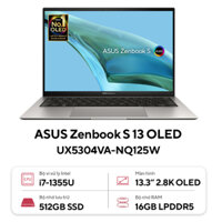 Laptop Asus Zenbook S13 OLED UX5304VA-NQ125W (Core i7 1355U/ 16GB/ 512GB SSD/ Intel Iris Xe Graphics/ 13.3inch 2.8K/ Windows 11 Home/ Grey/ Vỏ nhôm/ Túi Sleeve)