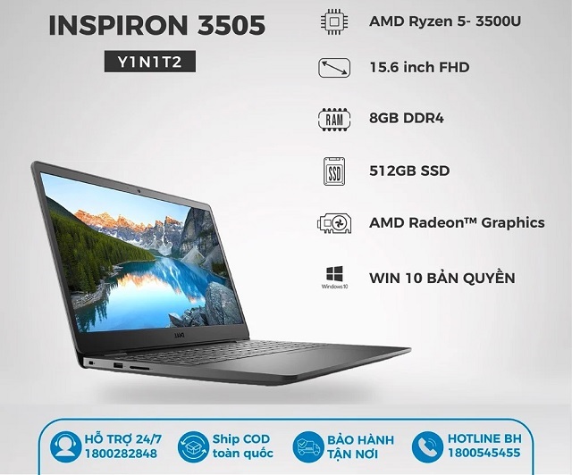 Laptop Dell Inspiron 15 3505 Y1N1T2 - AMD Ryzen 5-3500U, 8GB RAM, SSD 512GB, AMD Radeon Graphics, 15.6 inch