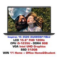 Laptop Dell Inspiron 15 3520 N3520-i5U085W11BLU  Intel Core i5-1235U  8GB 1x8GB DDR4 2666MHz  512GB M.2 PCIe NVMe SSD  15.6 FHD 120Hz 250nits  Intel UHD Graphics  BT 5.2  Wifi 802.11ax WIN11  Office  - Hàng Chính Hãng
